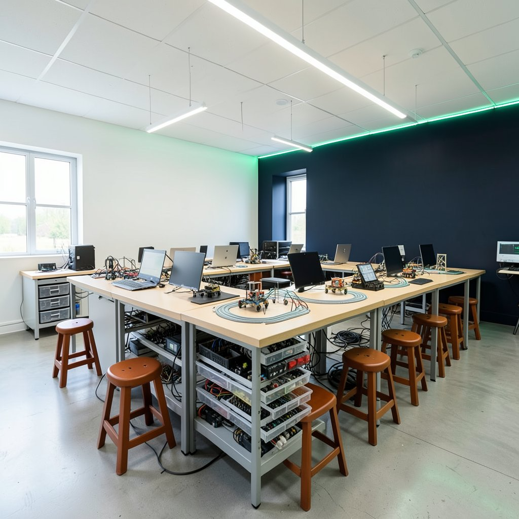 ByteBuddies Maker Lab equipped with robotics workbenches and laptops